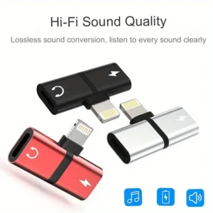 Adaptador de Carga Dual para Auriculares con Cable AUX y Conector Jack para iPhone 13, 12, 11, 8, 7 Plus, X, XR - Compatible con iOS